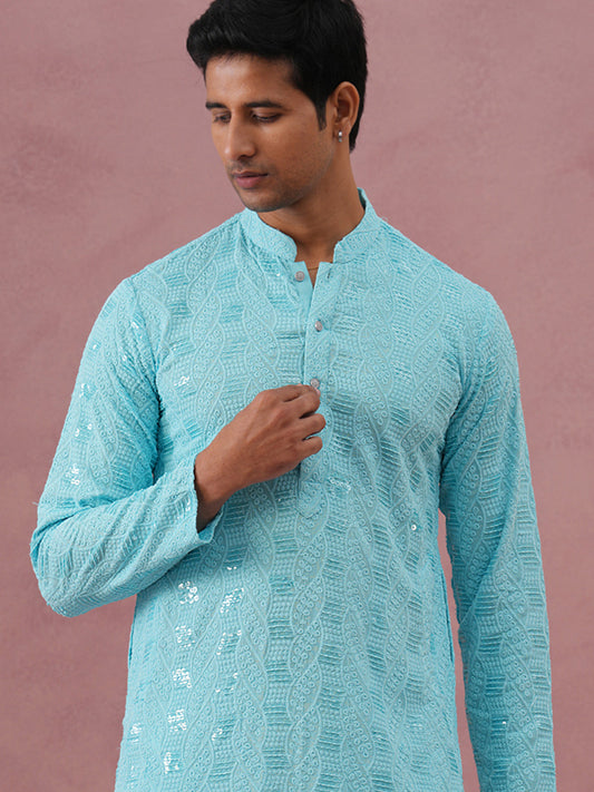 Sequin-Embellished Rayon Embroidered Kurta ( 65KO 5331 Sky ) [FF] [O-6]