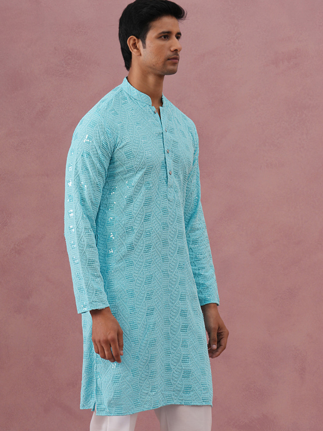 Sequin-Embellished Rayon Embroidered Kurta ( 65KO 5331 Sky ) [FF] [O-6]