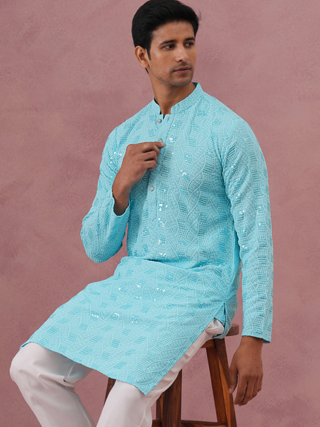 Sequin-Embellished Rayon Embroidered Kurta ( 65KO 5331 Sky ) [FF] [O-6]