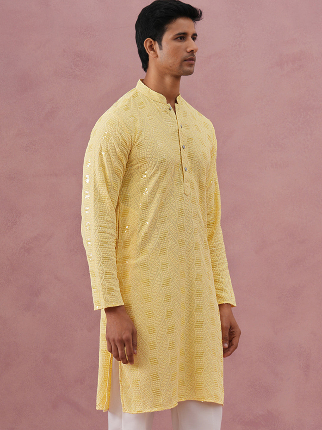 Sequin-Embellished Rayon Embroidered Kurta (65KO 5331 Yellow ) [FF] [O-6]