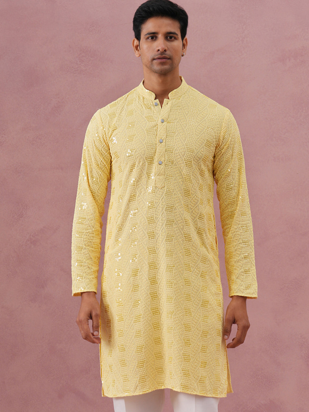 Sequin-Embellished Rayon Embroidered Kurta (65KO 5331 Yellow ) [FF] [O-6]