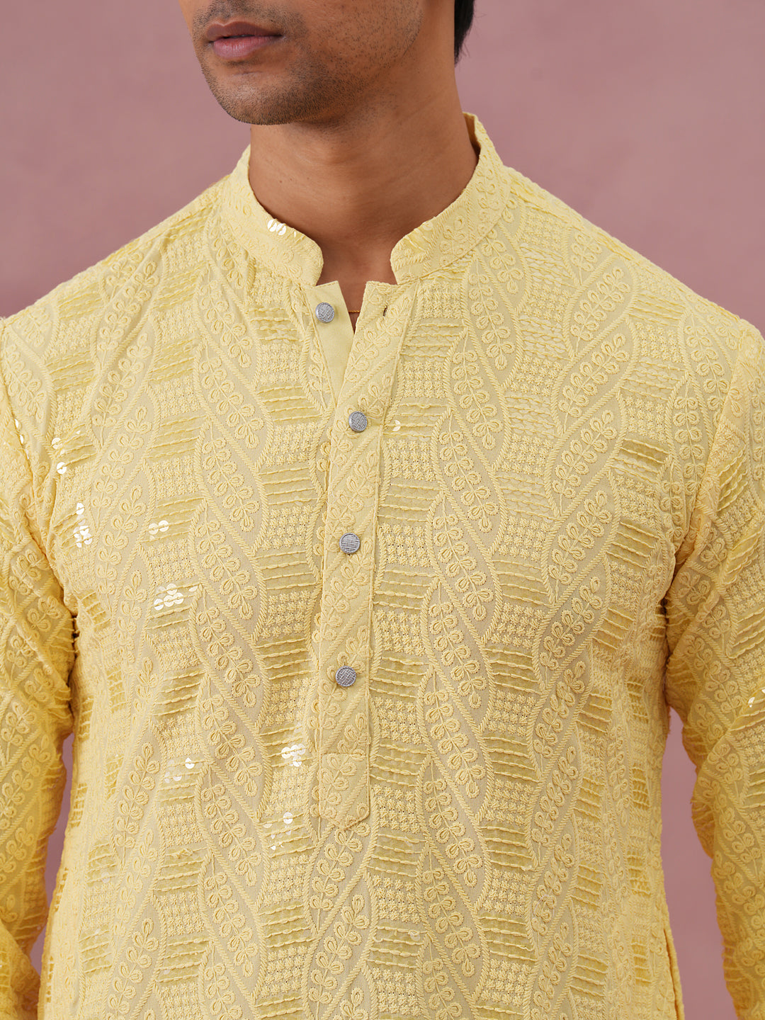 Sequin-Embellished Rayon Embroidered Kurta (65KO 5331 Yellow ) [FF] [O-6]