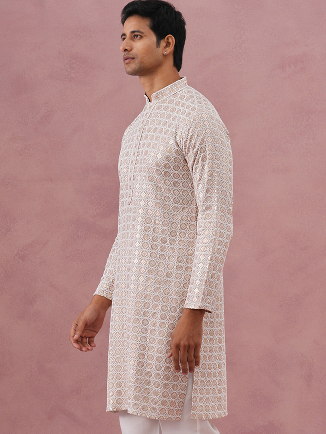 Men’s Rayon Sequin Embroidered Kurta (65KO 5332 Beige ) [FF] [E-8-7]