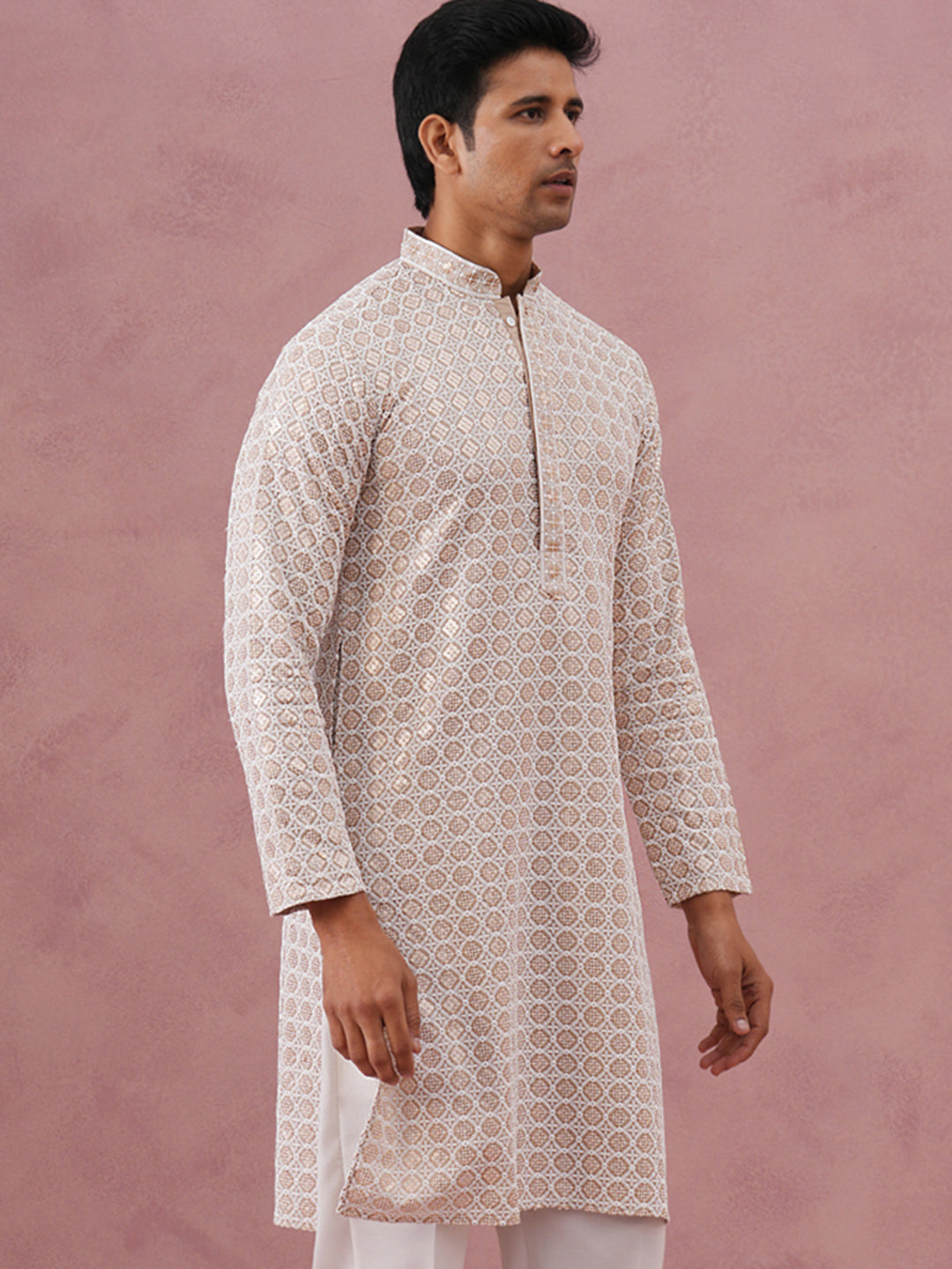 Men’s Rayon Sequin Embroidered Kurta (65KO 5332 Beige ) [FF] [E-8-7]