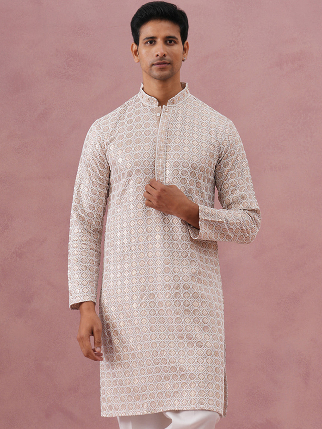 Men’s Rayon Sequin Embroidered Kurta (65KO 5332 Beige ) [FF] [E-8-7]
