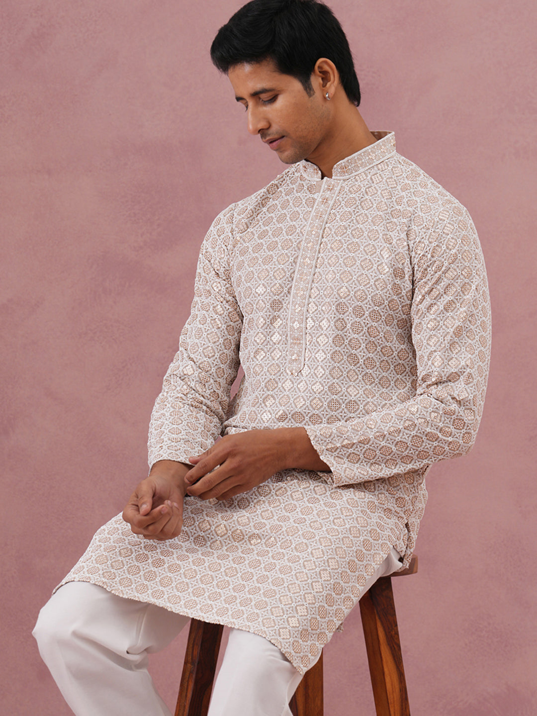 Men’s Rayon Sequin Embroidered Kurta (65KO 5332 Beige ) [FF] [E-8-7]