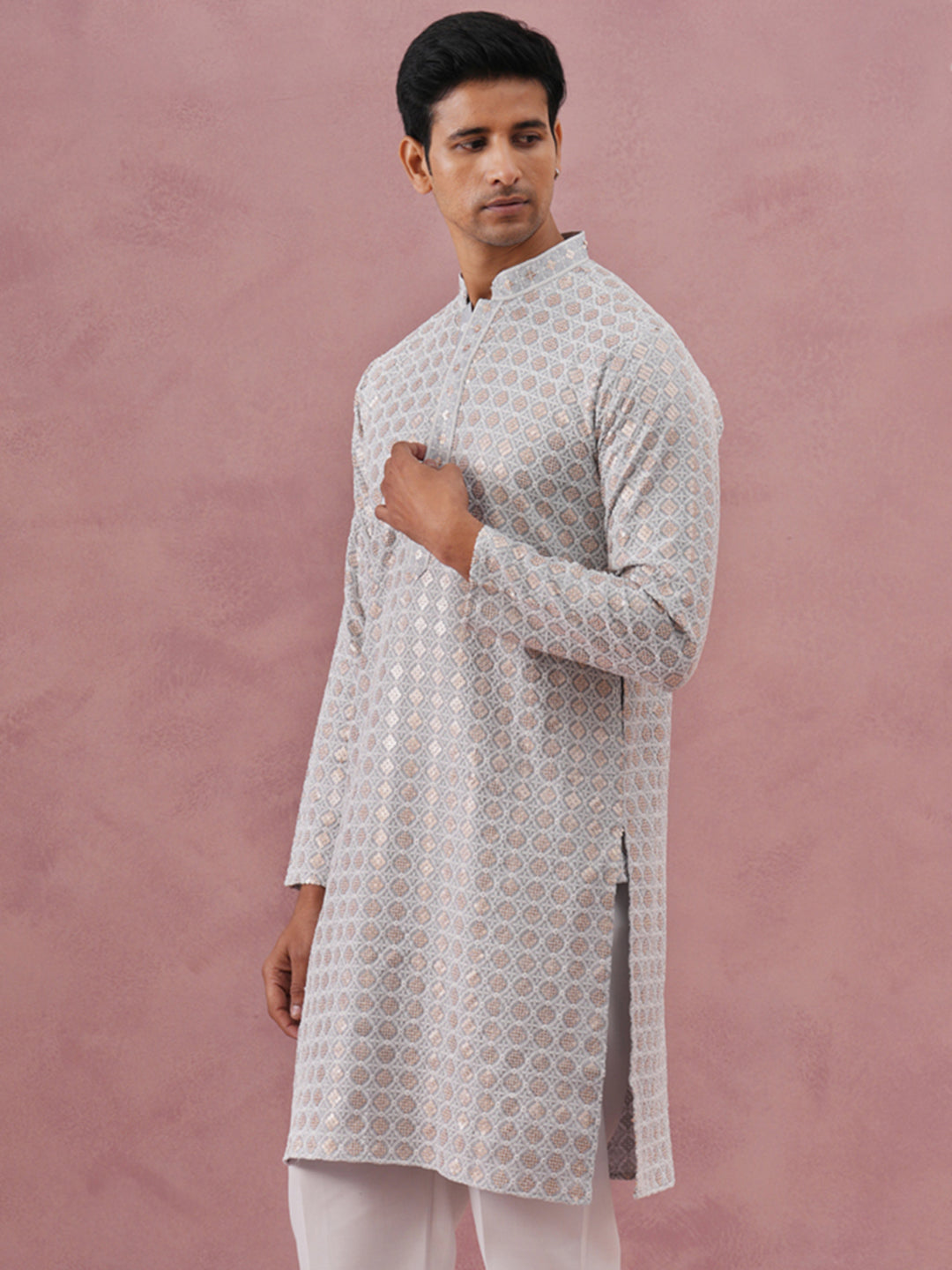 Men’s Rayon Sequin Embroidered Kurta (65KO 5332 Grey ) [FF] [E-8-7]