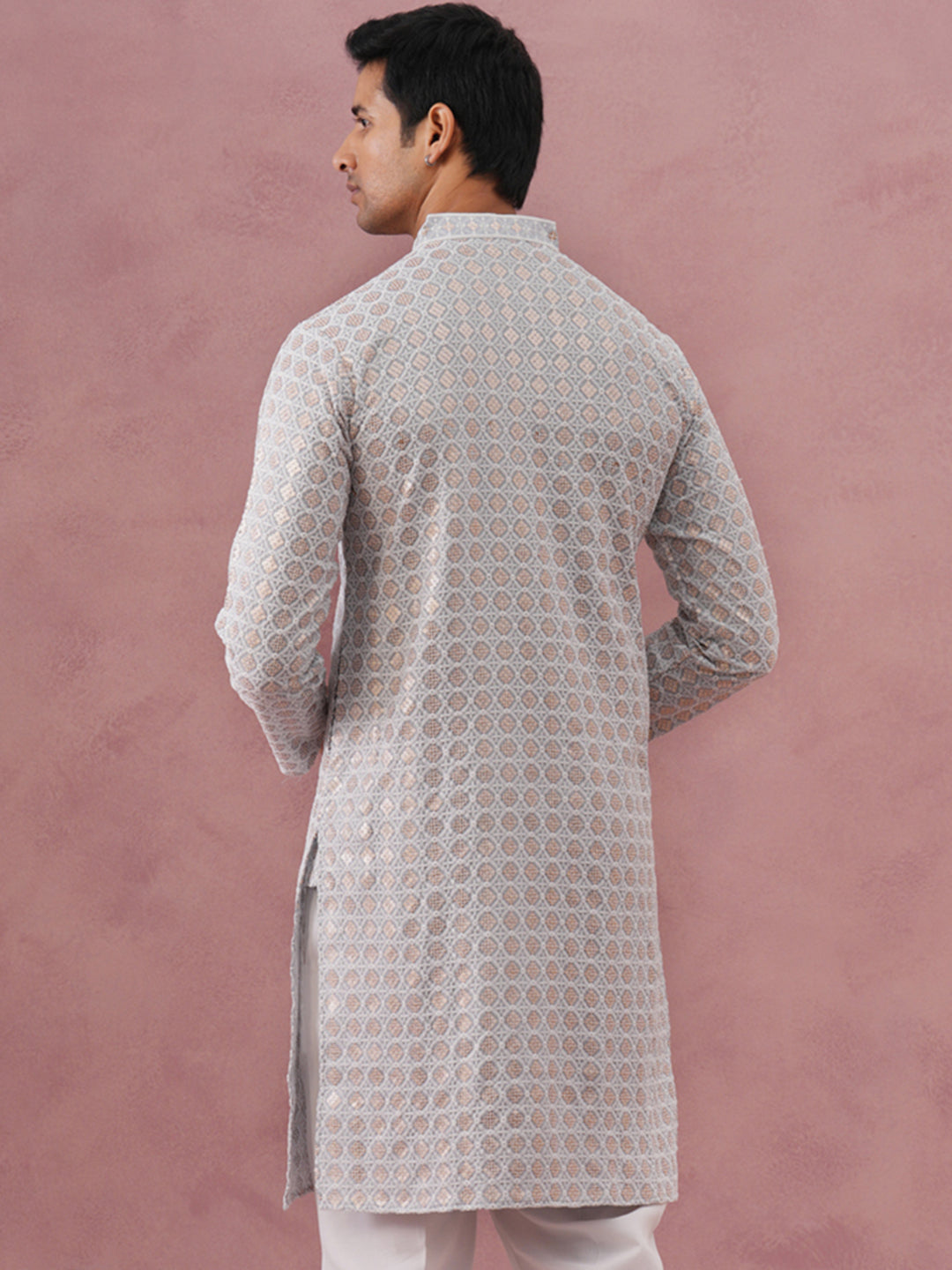 Men’s Rayon Sequin Embroidered Kurta (65KO 5332 Grey ) [FF] [E-8-7]