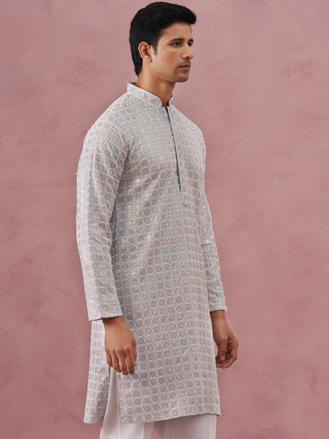 Men’s Rayon Sequin Embroidered Kurta (65KO 5332 Grey ) [FF] [E-8-7]