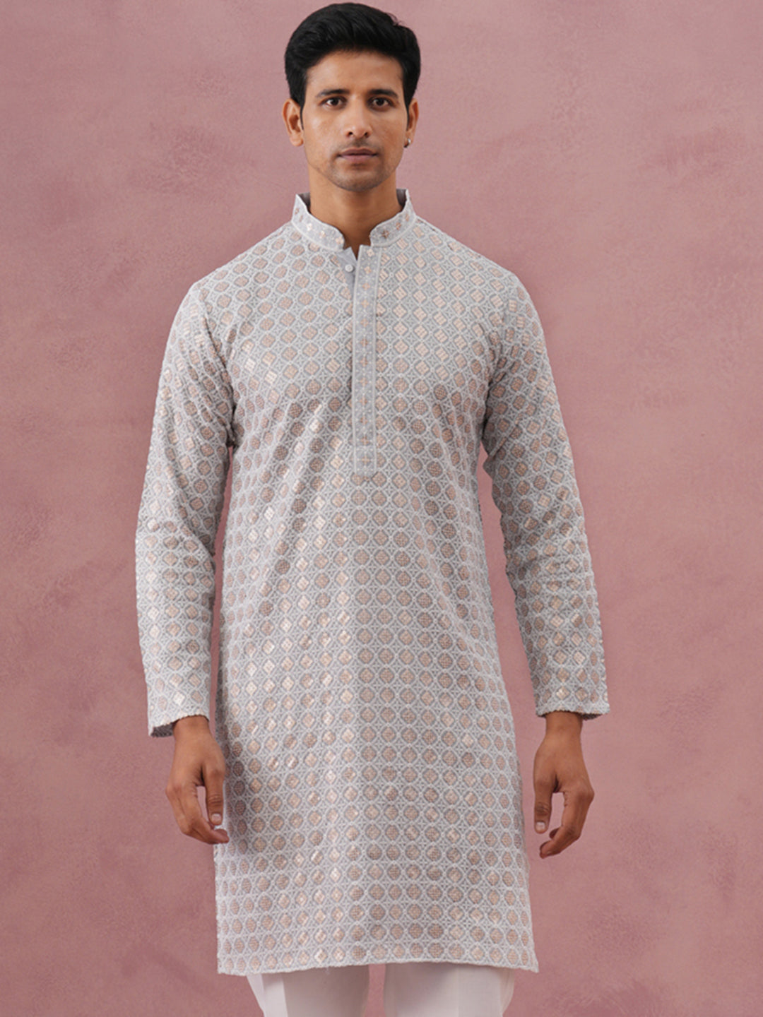 Men’s Rayon Sequin Embroidered Kurta (65KO 5332 Grey ) [FF] [E-8-7]