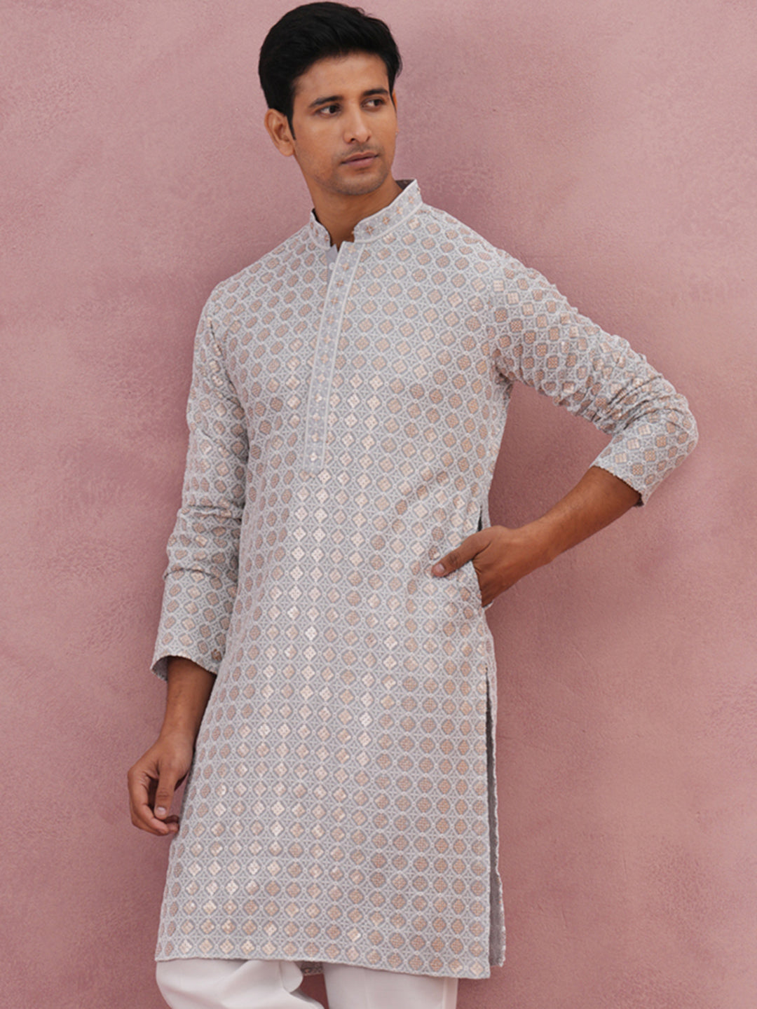 Men’s Rayon Sequin Embroidered Kurta (65KO 5332 Grey ) [FF] [E-8-7]