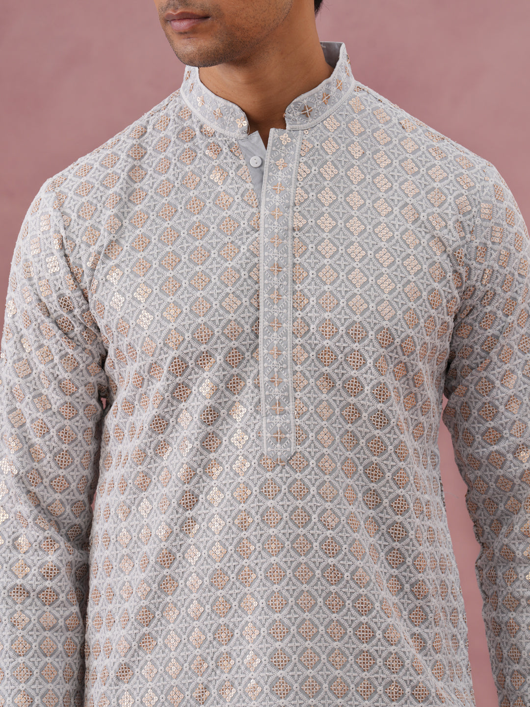 Men’s Rayon Sequin Embroidered Kurta (65KO 5332 Grey ) [FF] [E-8-7]