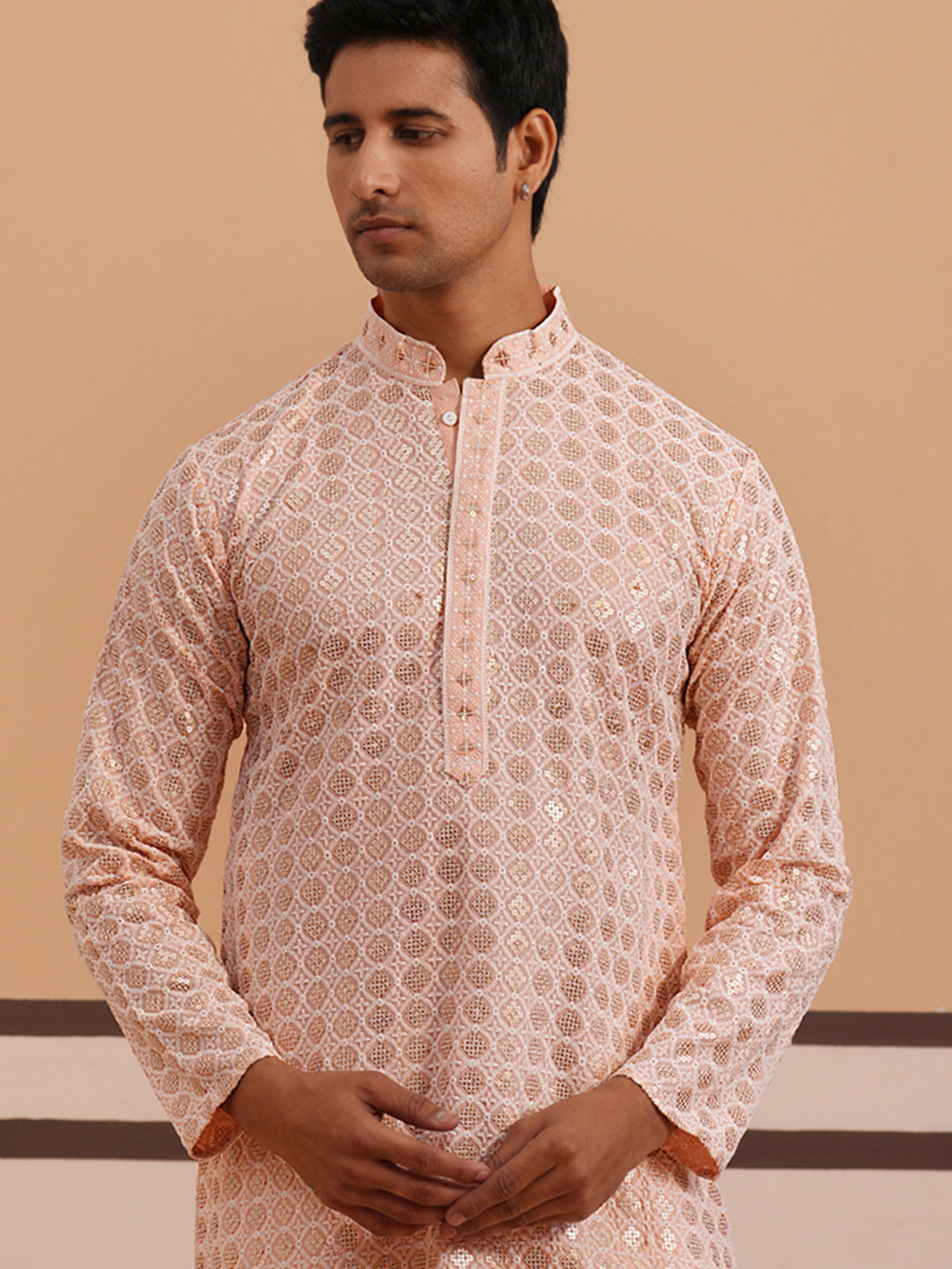Men’s Rayon Sequin Embroidered Kurta ( 65KO 5332 Peach ) [FF] [E-8-7]