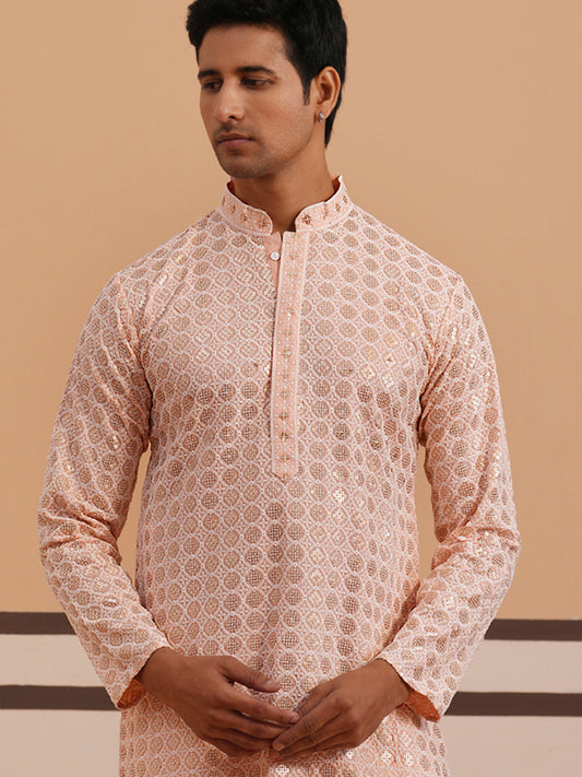 Men’s Rayon Sequin Embroidered Kurta ( 65KO 5332 Peach ) [FF] [E-8-7]
