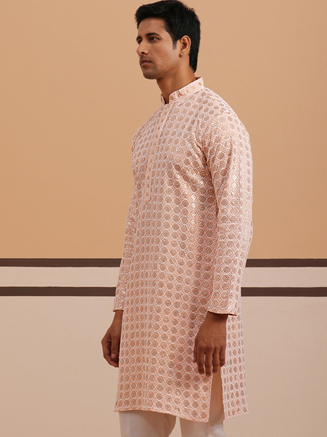 Men’s Rayon Sequin Embroidered Kurta ( 65KO 5332 Peach ) [FF] [E-8-7]