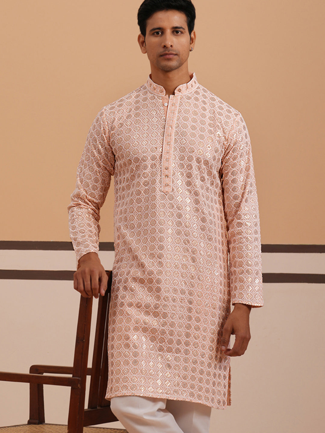 Men’s Rayon Sequin Embroidered Kurta ( 65KO 5332 Peach ) [FF] [E-8-7]
