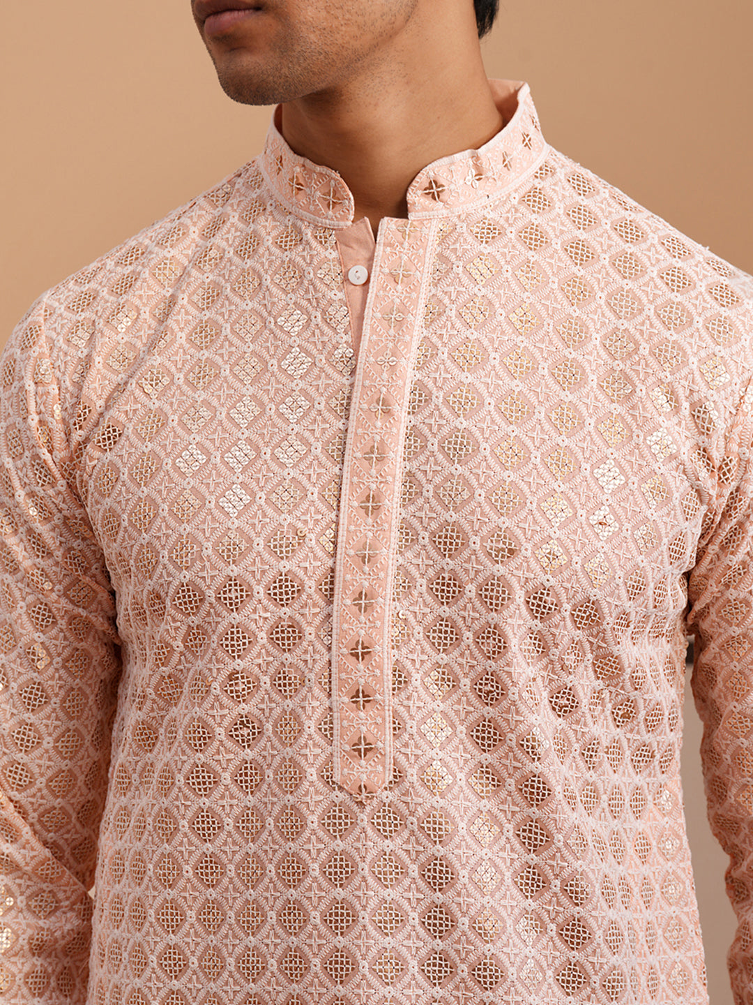 Men’s Rayon Sequin Embroidered Kurta ( 65KO 5332 Peach ) [FF] [E-8-7]
