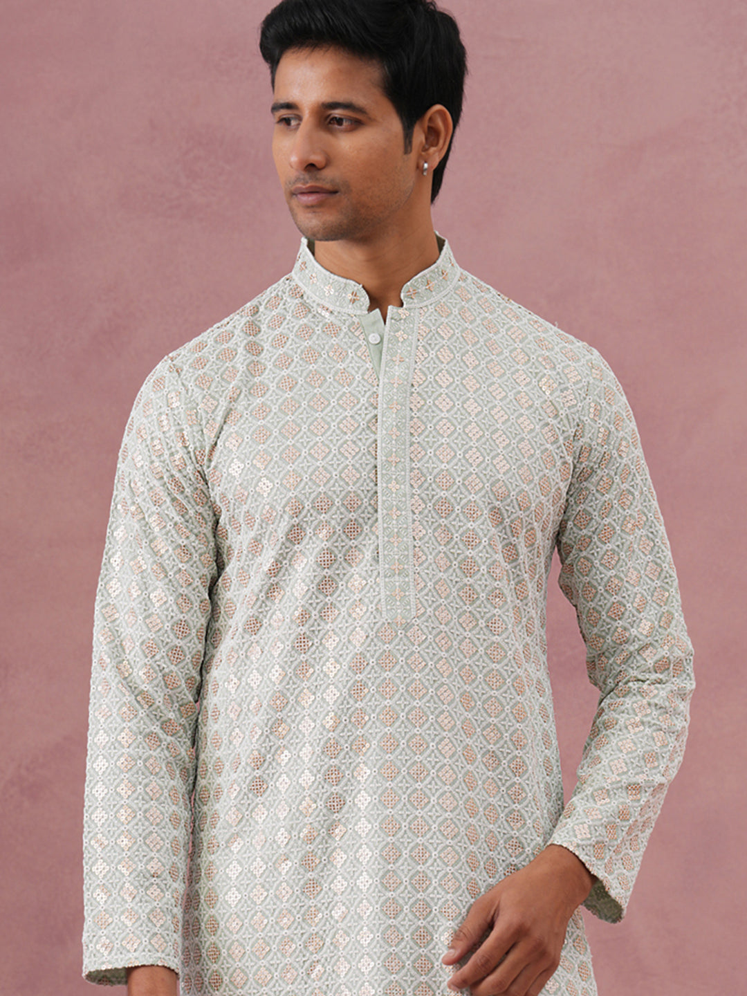 Men’s Rayon Sequin Embroidered Kurta ( 65KO 5332 Pista ) [FF] [E-8-7]