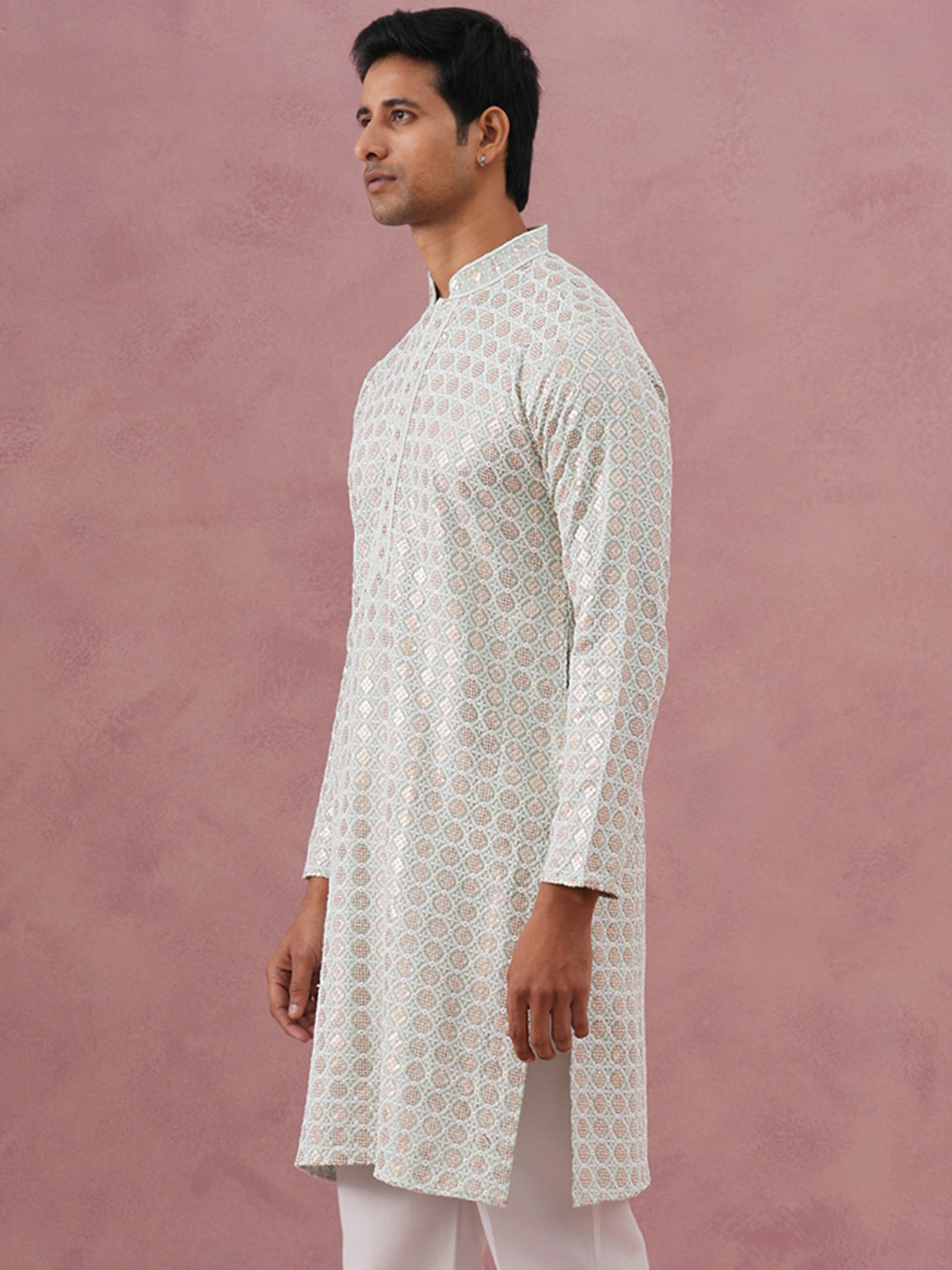 Men’s Rayon Sequin Embroidered Kurta ( 65KO 5332 Pista ) [FF] [E-8-7]