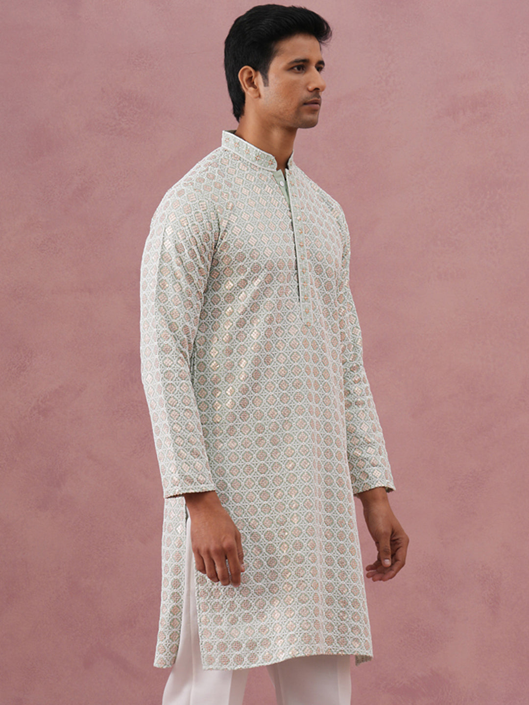 Men’s Rayon Sequin Embroidered Kurta ( 65KO 5332 Pista ) [FF] [E-8-7]