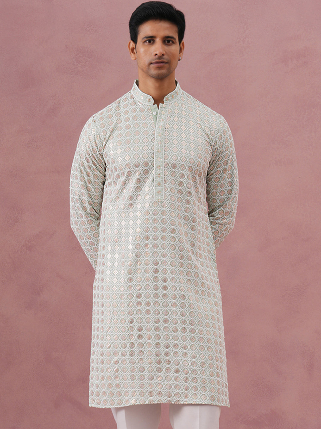 Men’s Rayon Sequin Embroidered Kurta ( 65KO 5332 Pista ) [FF] [E-8-7]