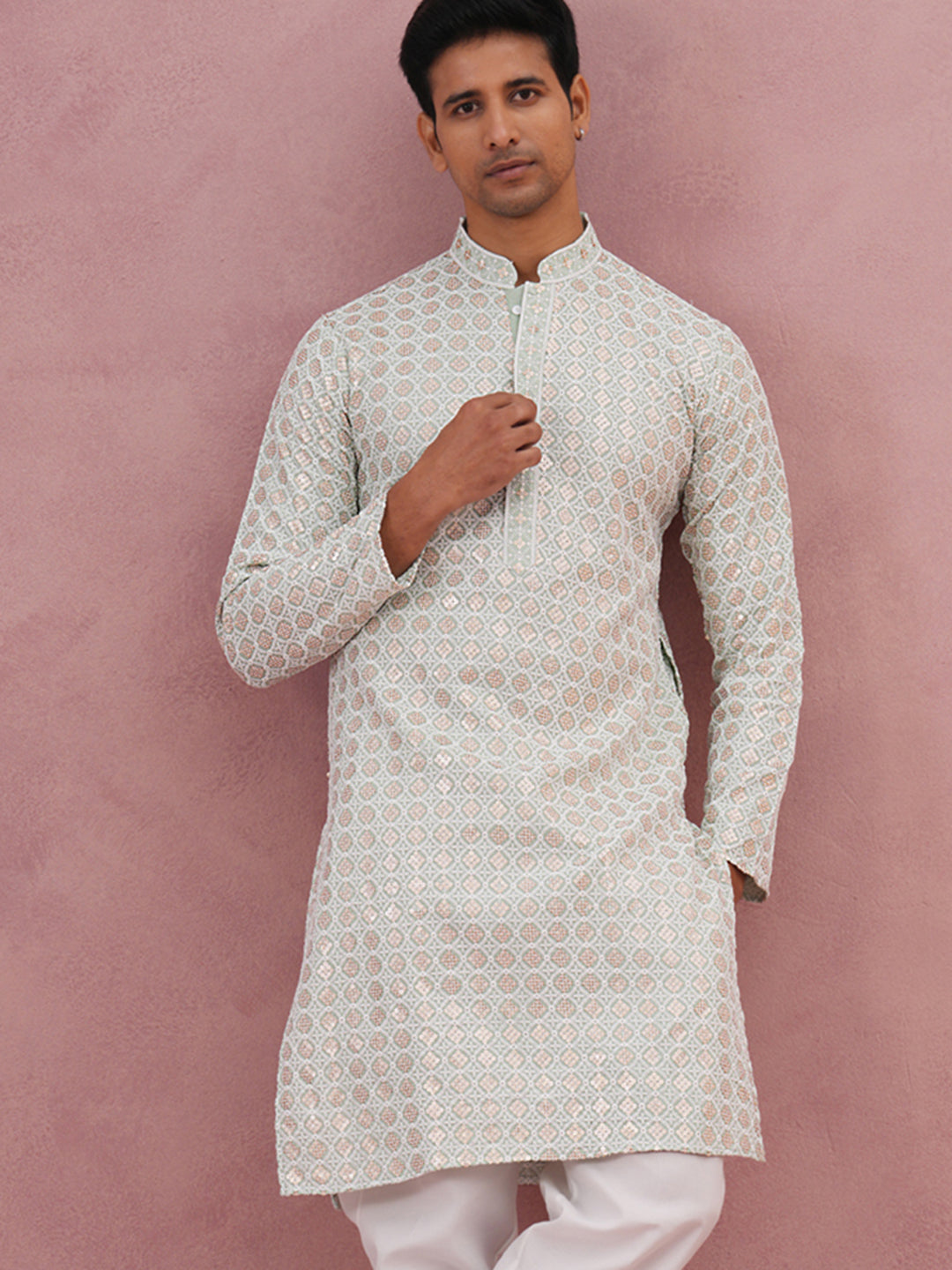 Men’s Rayon Sequin Embroidered Kurta ( 65KO 5332 Pista ) [FF] [E-8-7]