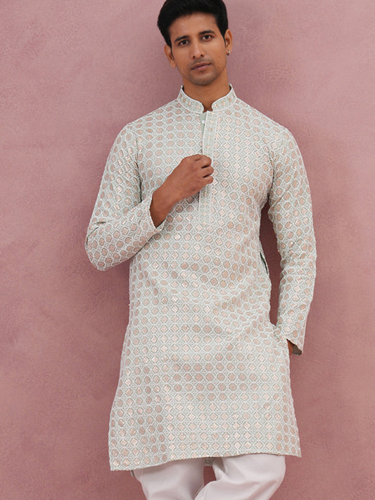 Men’s Rayon Sequin Embroidered Kurta ( 65KO 5332 Pista ) [FF] [E-8-7]
