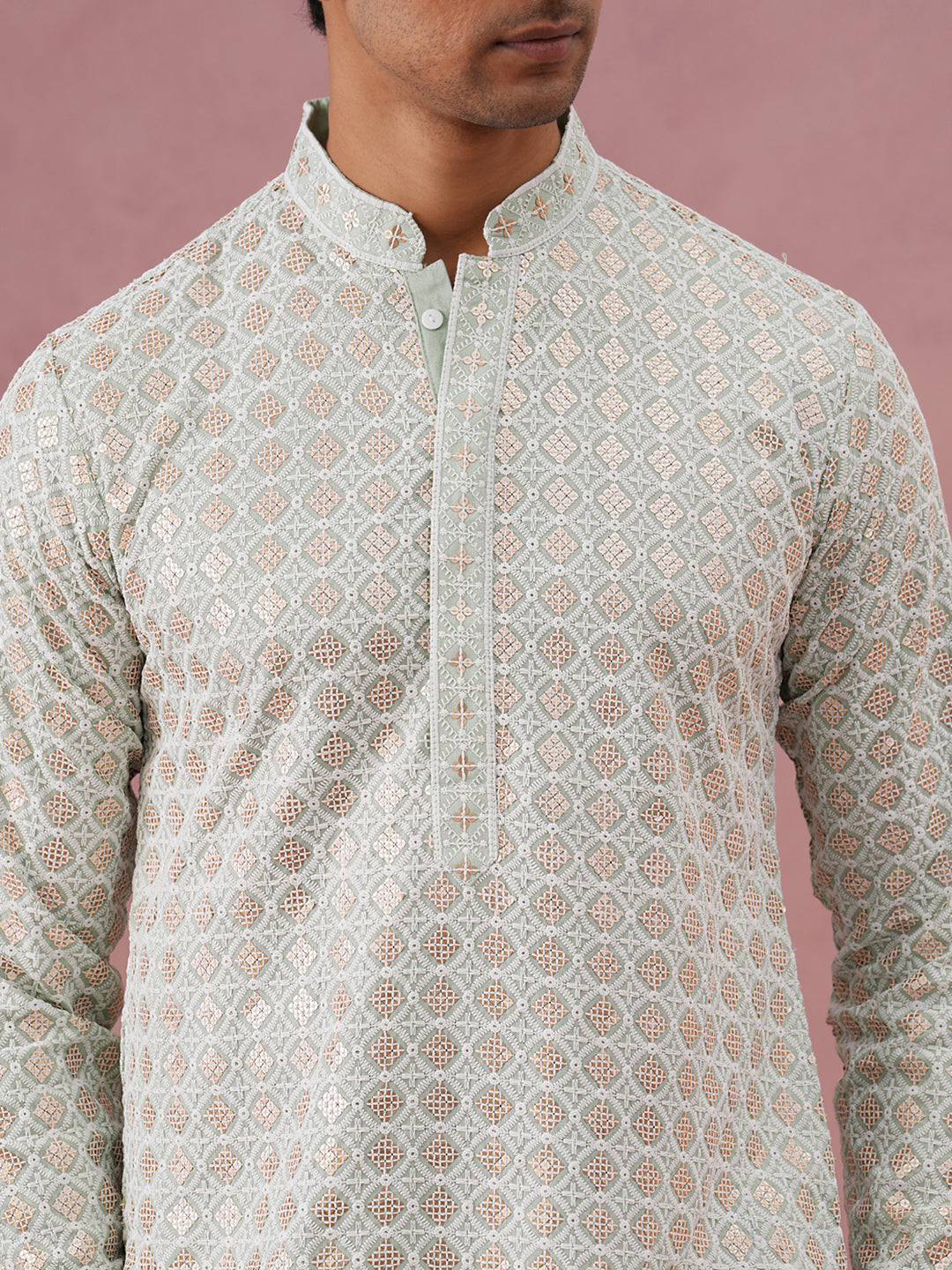 Men’s Rayon Sequin Embroidered Kurta ( 65KO 5332 Pista ) [FF] [E-8-7]