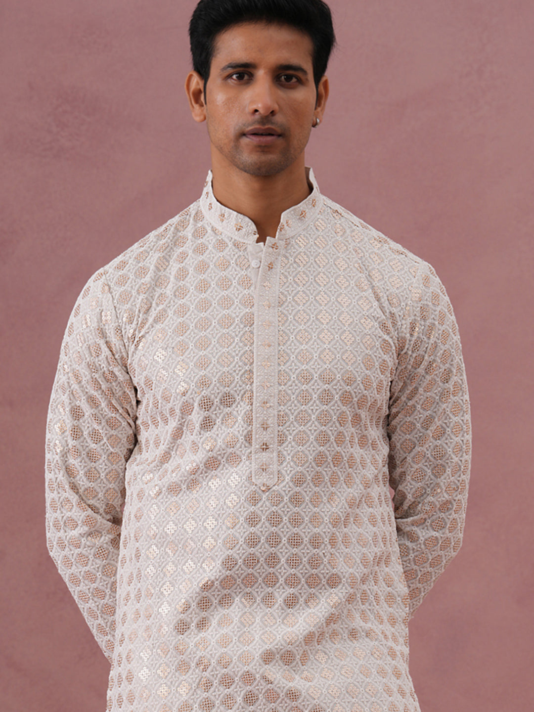 Men’s Rayon Sequin Embroidered Kurta (65KO 5332 White ) [FF] [E-8-7]