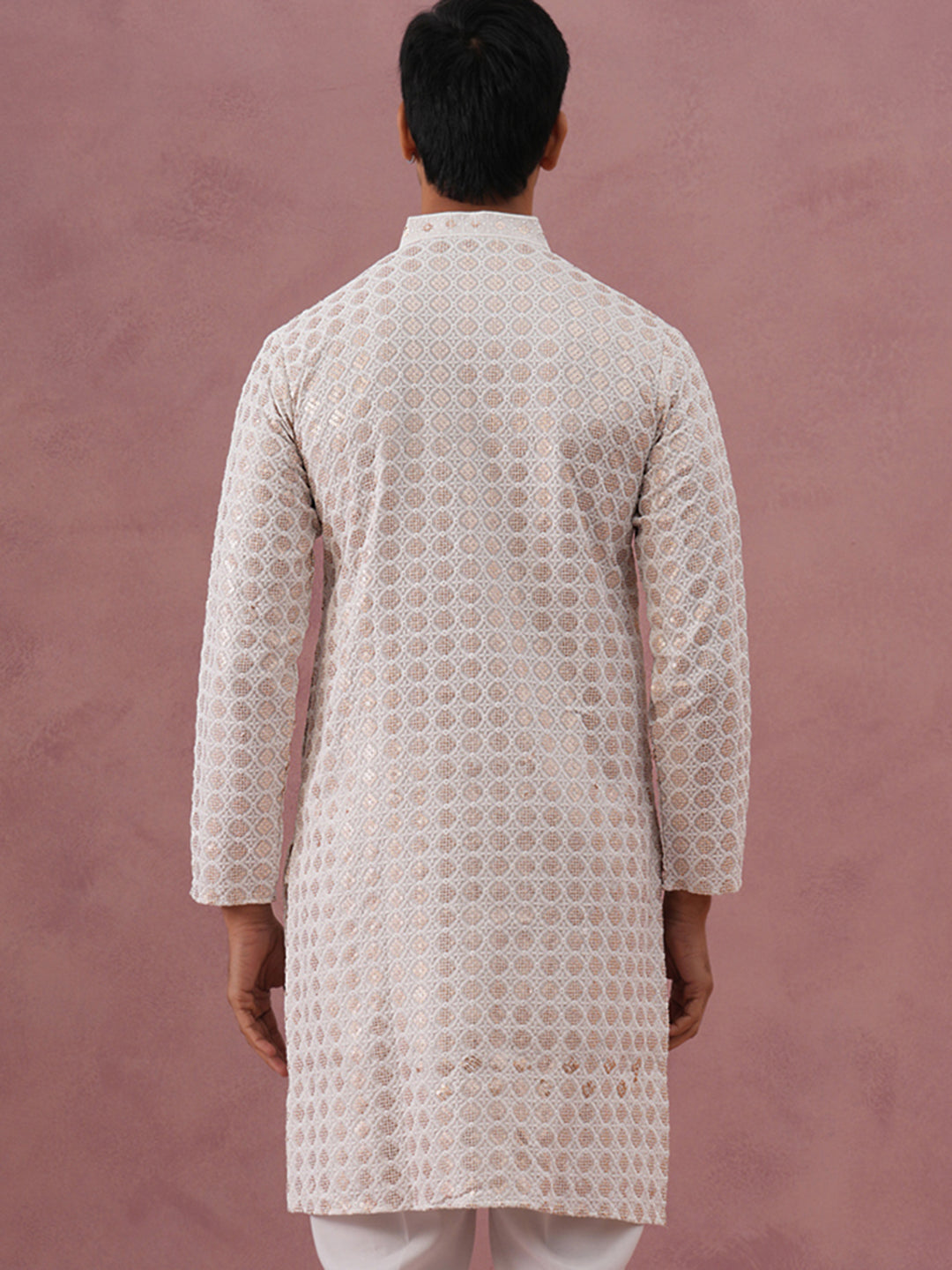 Men’s Rayon Sequin Embroidered Kurta (65KO 5332 White ) [FF] [E-8-7]