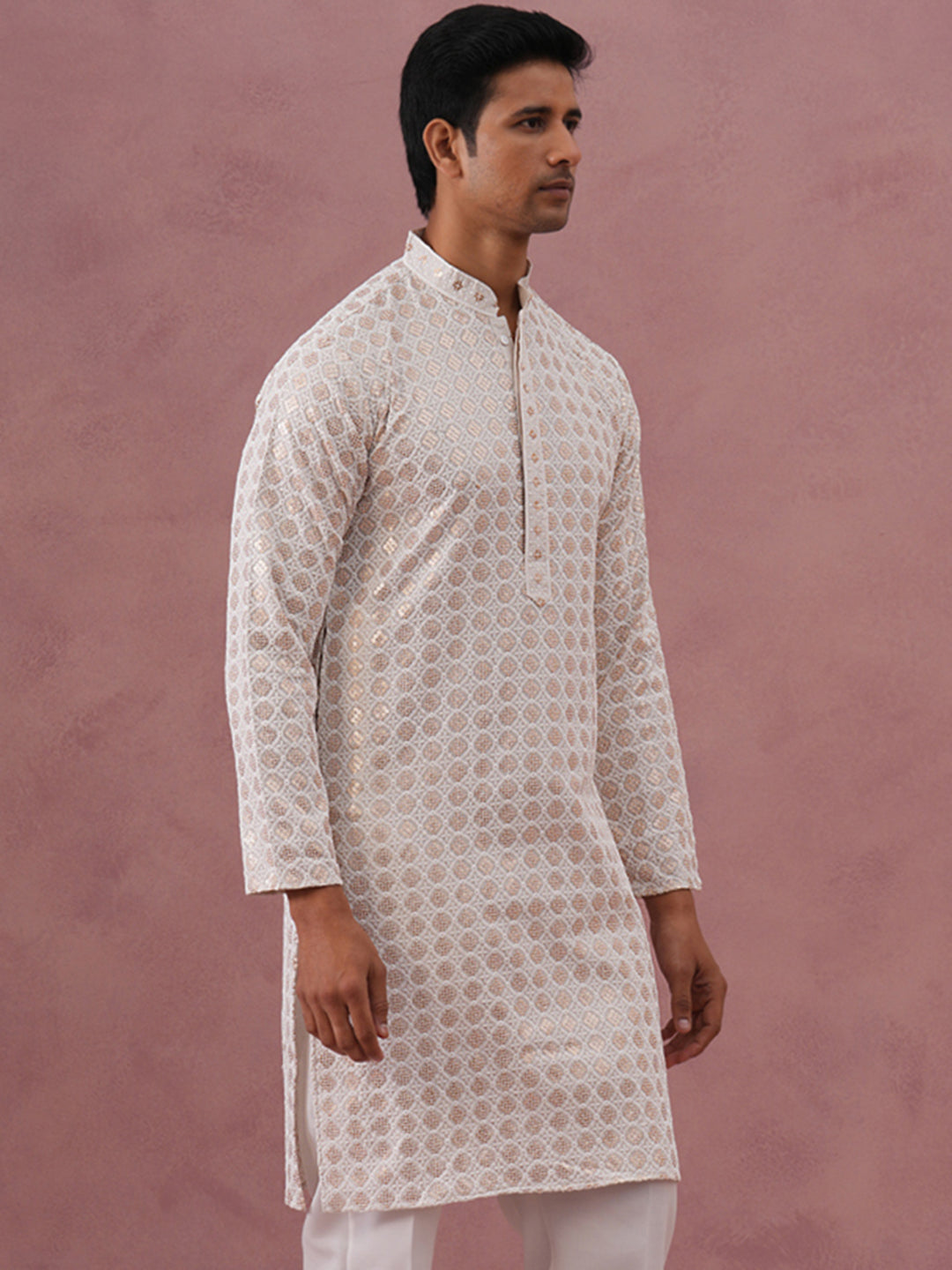 Men’s Rayon Sequin Embroidered Kurta (65KO 5332 White ) [FF] [E-8-7]