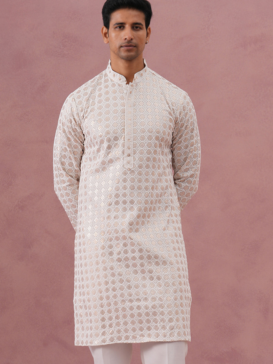 Men’s Rayon Sequin Embroidered Kurta (65KO 5332 White ) [FF] [E-8-7]