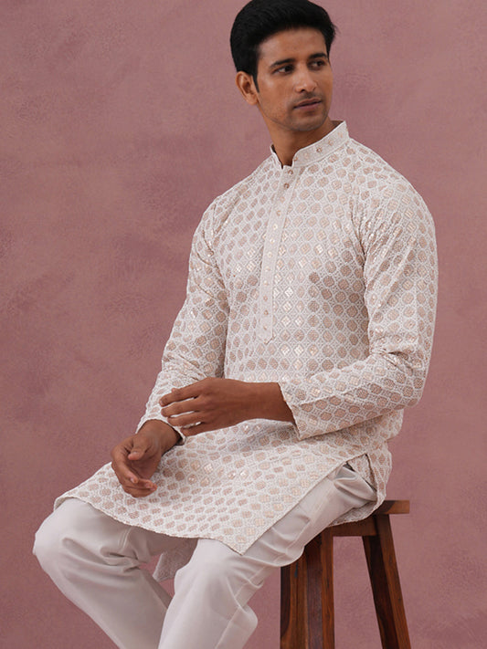 Men’s Rayon Sequin Embroidered Kurta (65KO 5332 White ) [FF] [E-8-7]