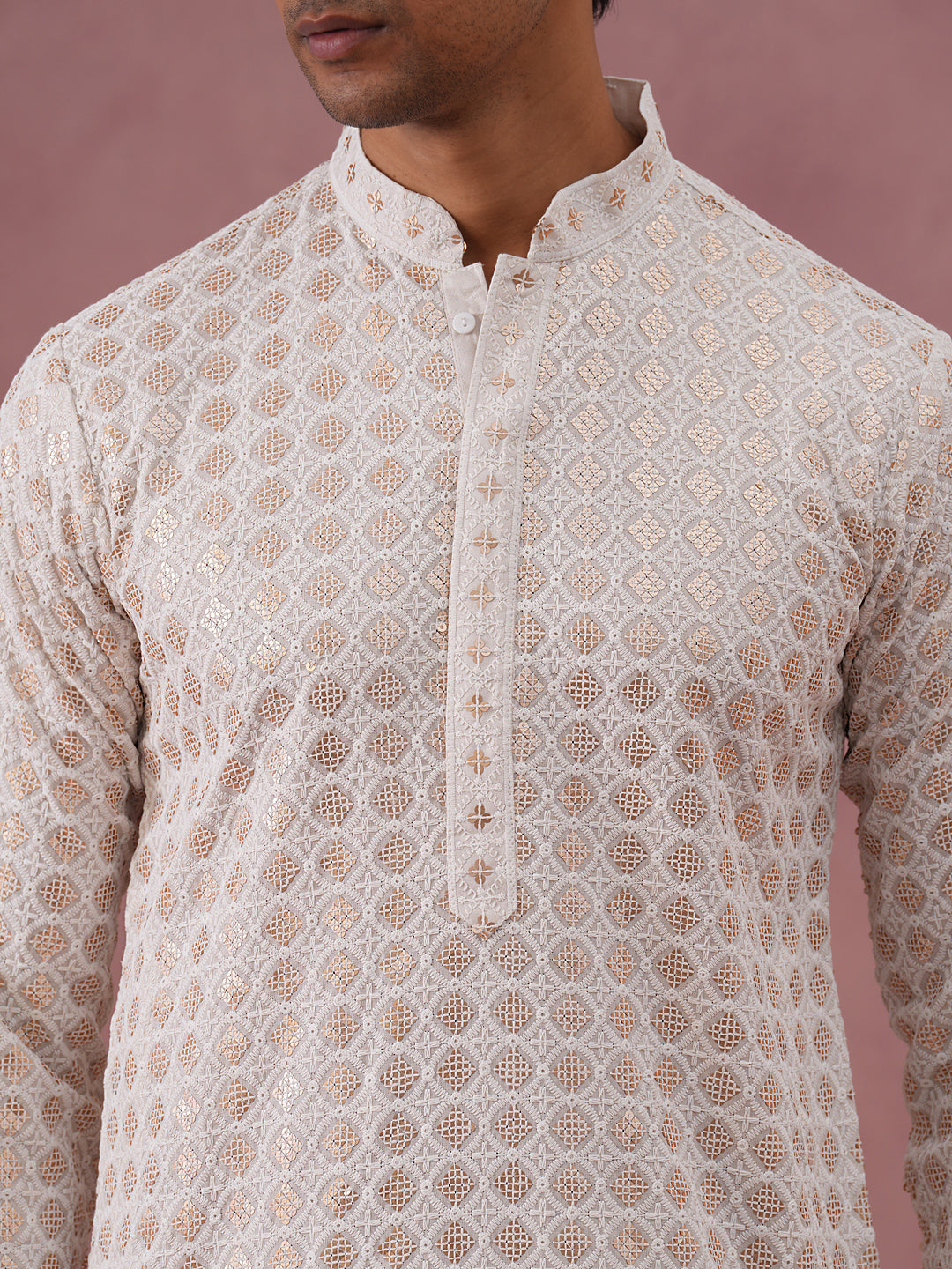 Men’s Rayon Sequin Embroidered Kurta (65KO 5332 White ) [FF] [E-8-7]