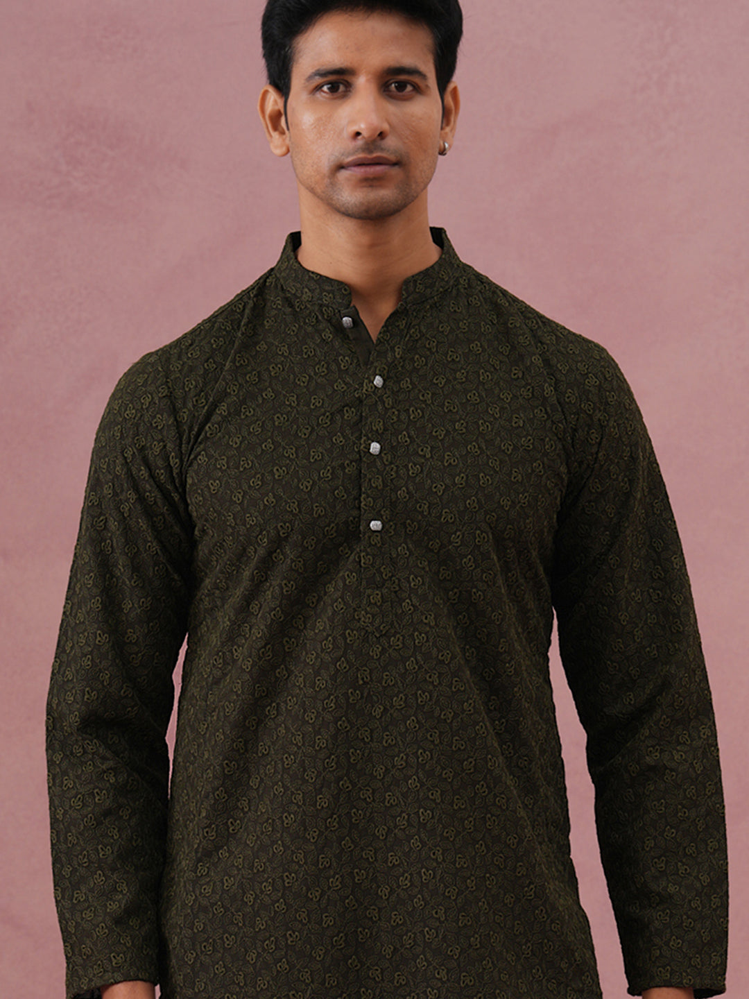 Traditional Cotton Blend Embroidered Kurta ( 65KO 5334 Olive ) [FF] [F-1-2-3-4]