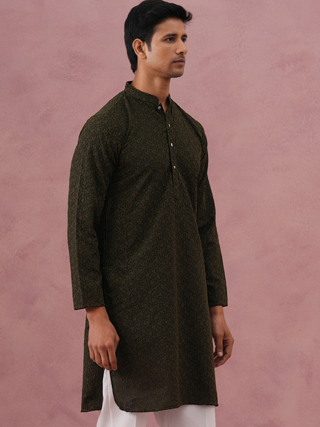 Traditional Cotton Blend Embroidered Kurta ( 65KO 5334 Olive ) [FF] [F-1-2-3-4]