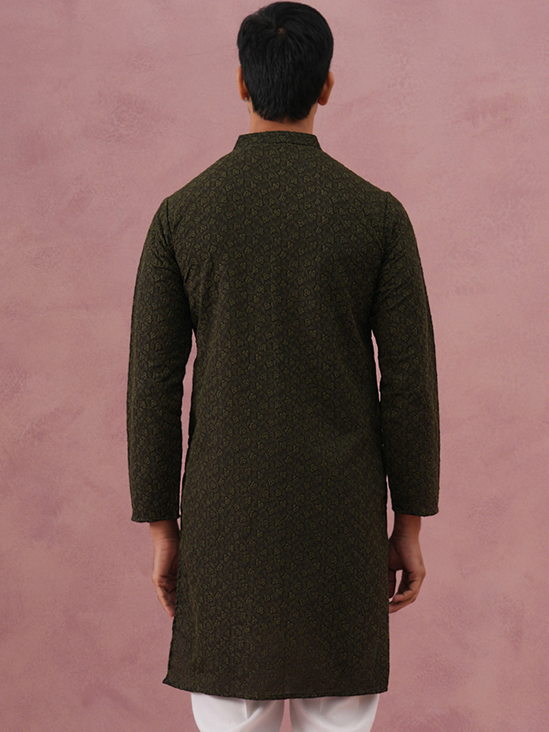 Traditional Cotton Blend Embroidered Kurta ( 65KO 5334 Olive ) [FF] [F-1-2-3-4]