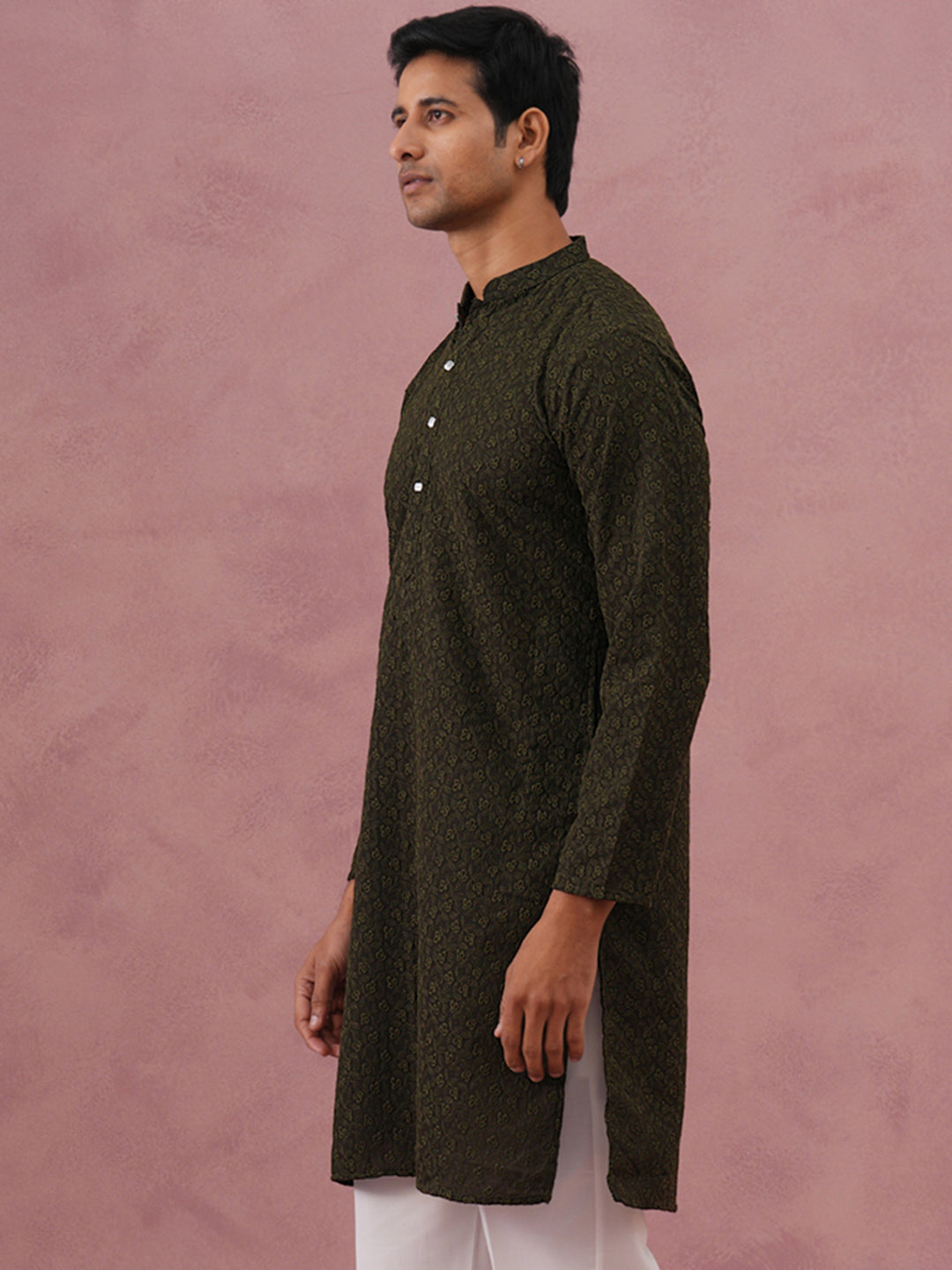 Traditional Cotton Blend Embroidered Kurta ( 65KO 5334 Olive ) [FF] [F-1-2-3-4]