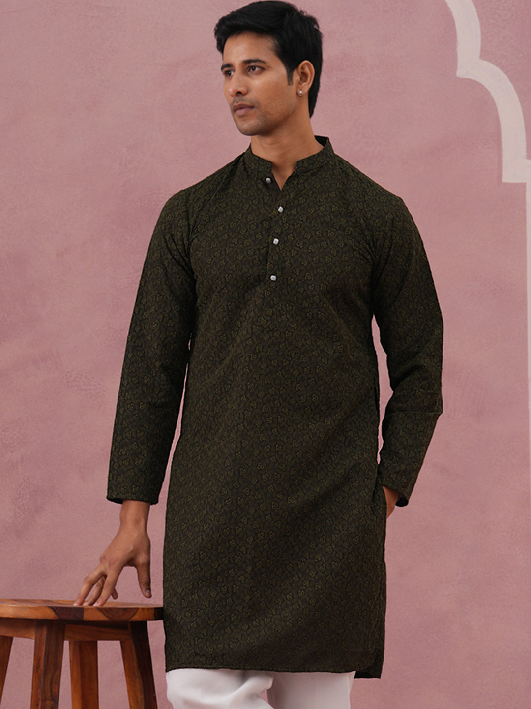 Traditional Cotton Blend Embroidered Kurta ( 65KO 5334 Olive ) [FF] [F-1-2-3-4]