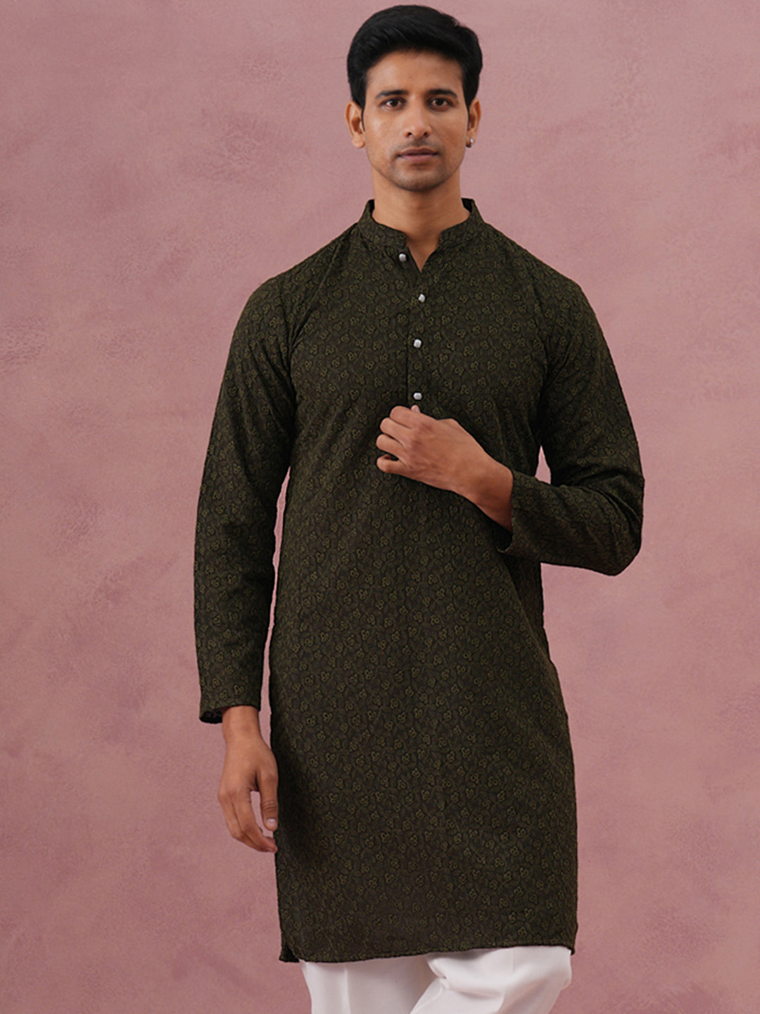 Traditional Cotton Blend Embroidered Kurta ( 65KO 5334 Olive ) [FF] [F-1-2-3-4]
