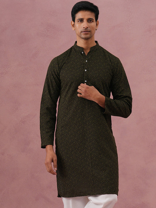 Traditional Cotton Blend Embroidered Kurta ( 65KO 5334 Olive ) [FF] [F-1-2-3-4]