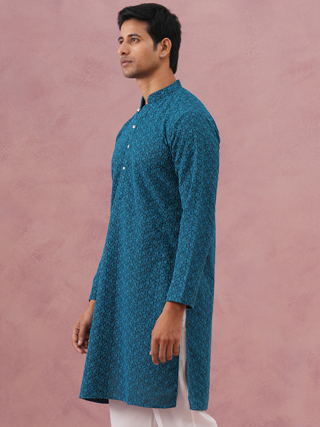 Traditional Cotton Blend Embroidered Kurta ( 65KO 5334 Peacock ) [FF] [F-1-2-3-4]