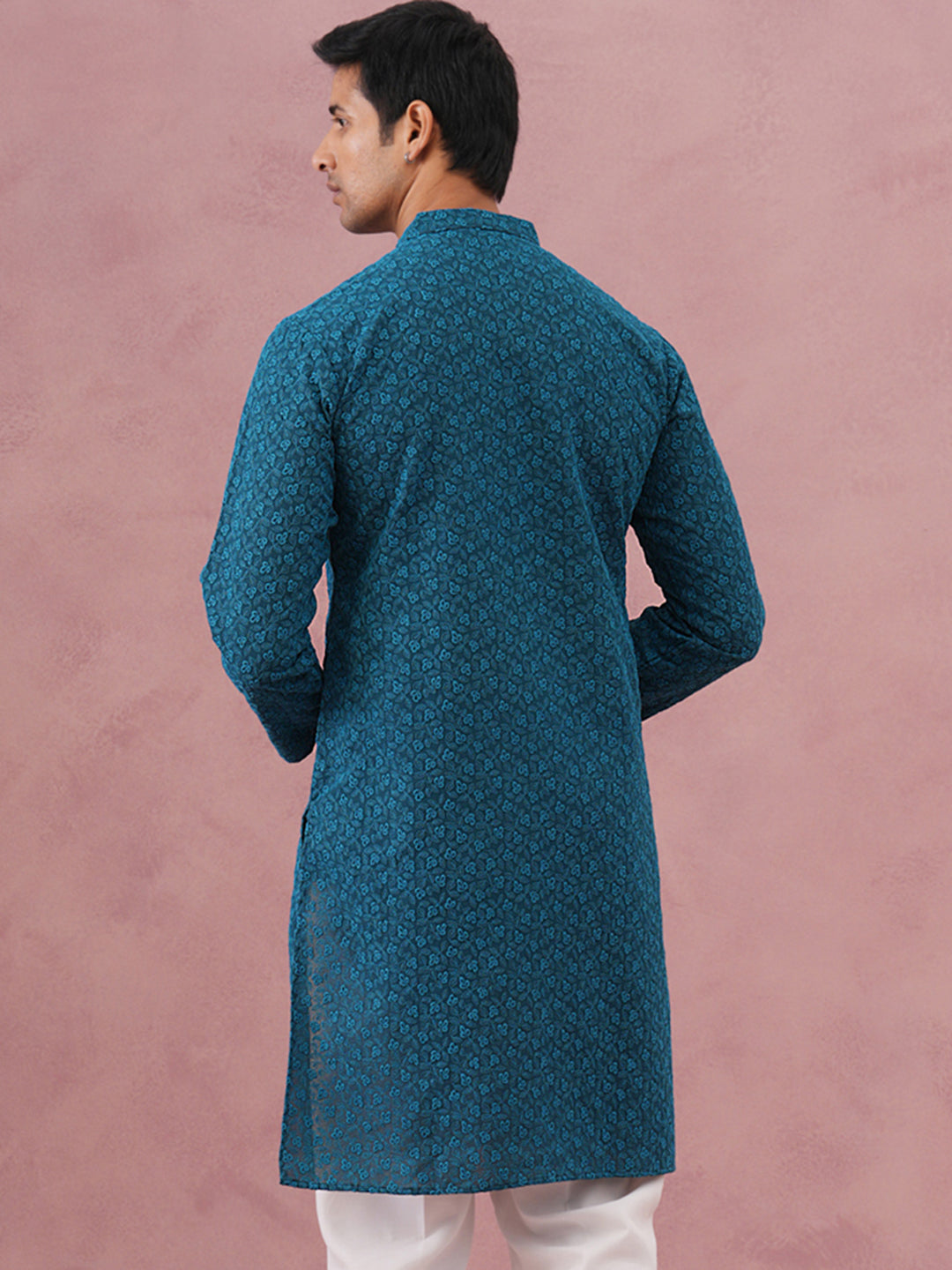 Traditional Cotton Blend Embroidered Kurta ( 65KO 5334 Peacock ) [FF] [F-1-2-3-4]