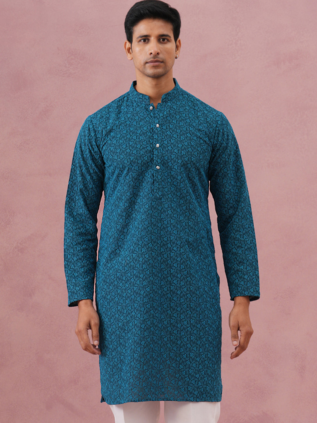Traditional Cotton Blend Embroidered Kurta ( 65KO 5334 Peacock ) [FF] [F-1-2-3-4]