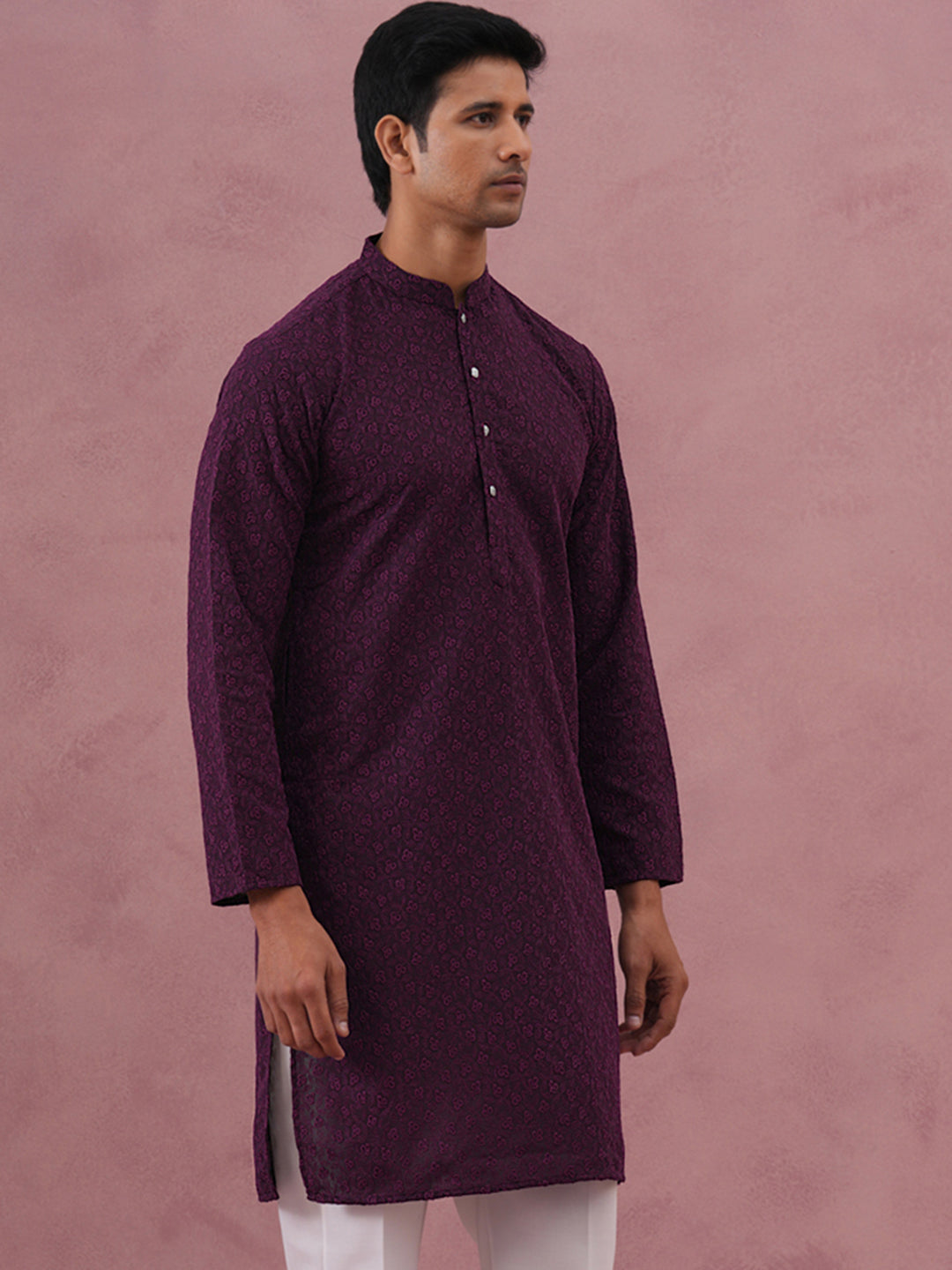 Traditional Cotton Blend Embroidered Kurta (65KO 5334 Purple ) [FF] [F-1-2-3-4]