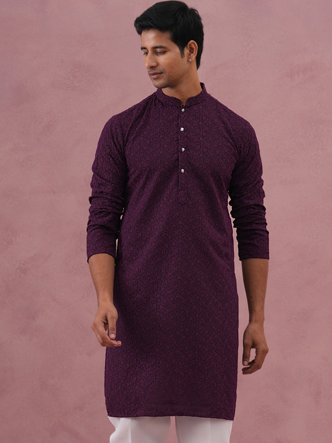 Traditional Cotton Blend Embroidered Kurta (65KO 5334 Purple ) [FF] [F-1-2-3-4]