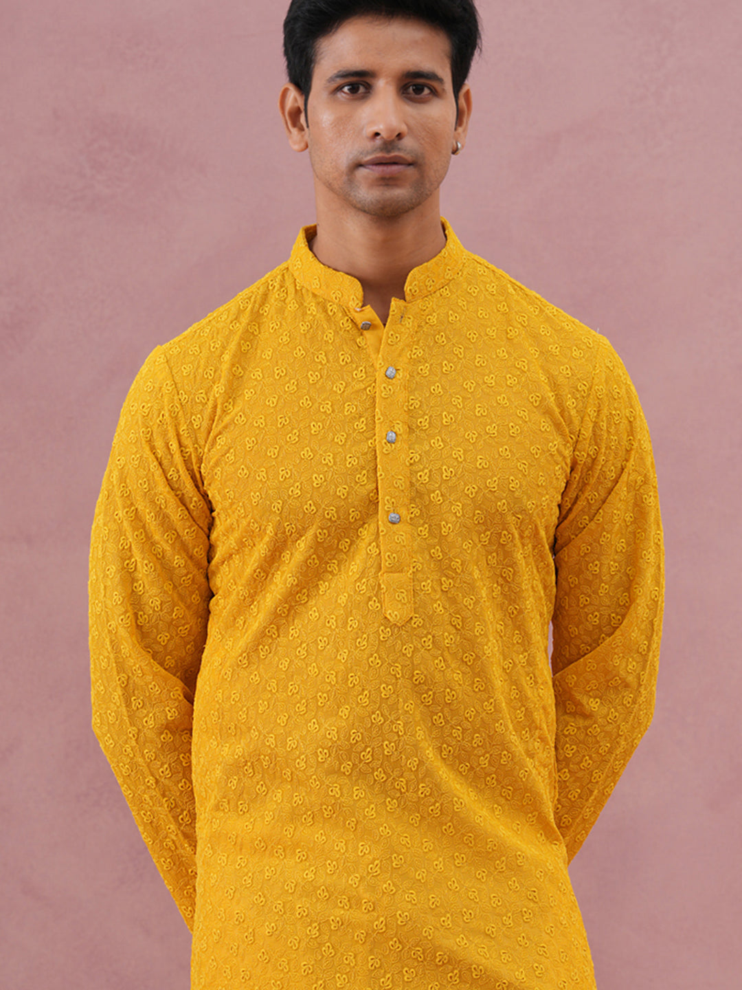 Traditional Cotton Blend Embroidered Kurta (65KO 5334 Yellow ) [FF] [F-1-2-3-4]
