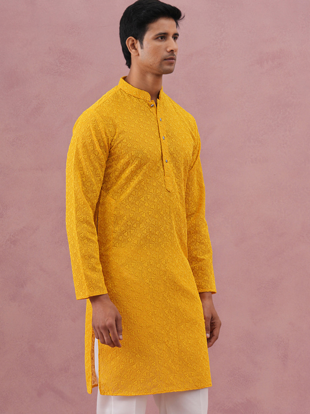 Traditional Cotton Blend Embroidered Kurta (65KO 5334 Yellow ) [FF] [F-1-2-3-4]