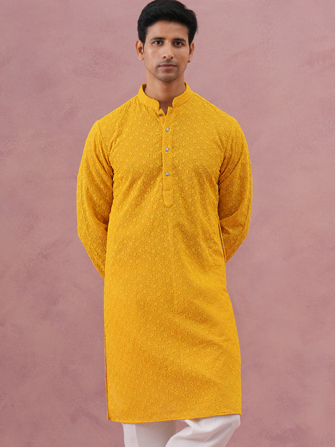 Traditional Cotton Blend Embroidered Kurta (65KO 5334 Yellow ) [FF] [F-1-2-3-4]