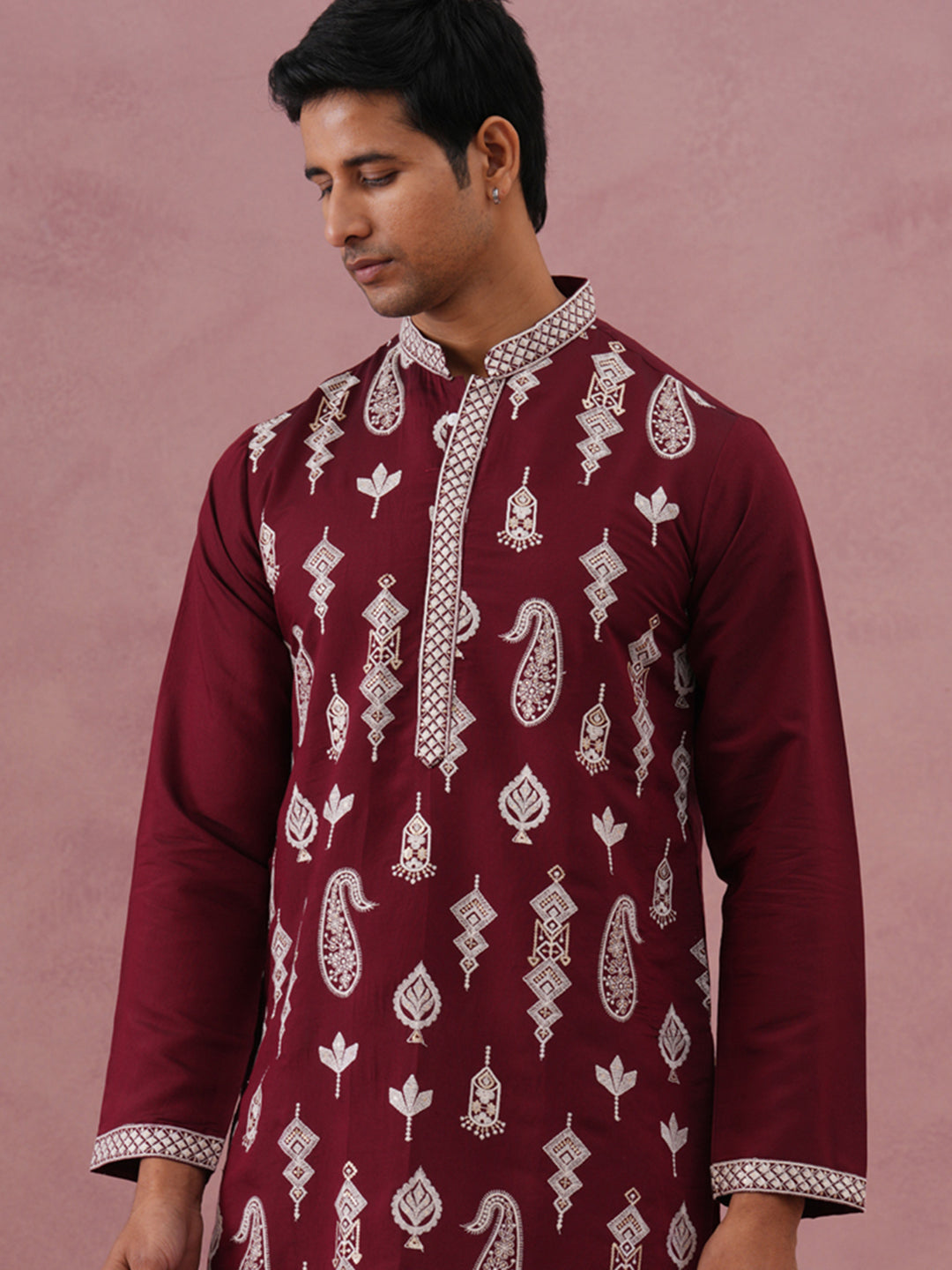 Silk Blend Ethnic Embroidered Kurta for Men ( 65KO 5335 Maroon ) [FF] [B-1-2]